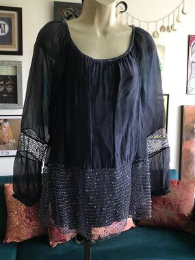 TEMPO PARIS size S Blue Silk Blend Mesh Accent Lined Artsy Bouse Top